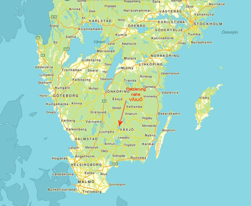 Übersichtskarte Südschweden / Eingezeichnete Platzierung des Baugrundstückes am See Helgasjön Galeriebild Paukenschlag am See Helgasjön! Neubauchance für Top-Villa auf Top-Seegrundstück in der historischen Provinz Småland