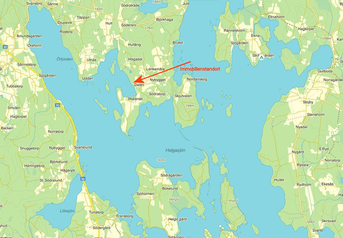 Eingezeichnete Platzierung des Baugrundstückes "Norräng" am See Helgasjön Galeriebild Paukenschlag am See Helgasjön! Neubauchance für Top-Villa auf Top-Seegrundstück in der historischen Provinz Småland