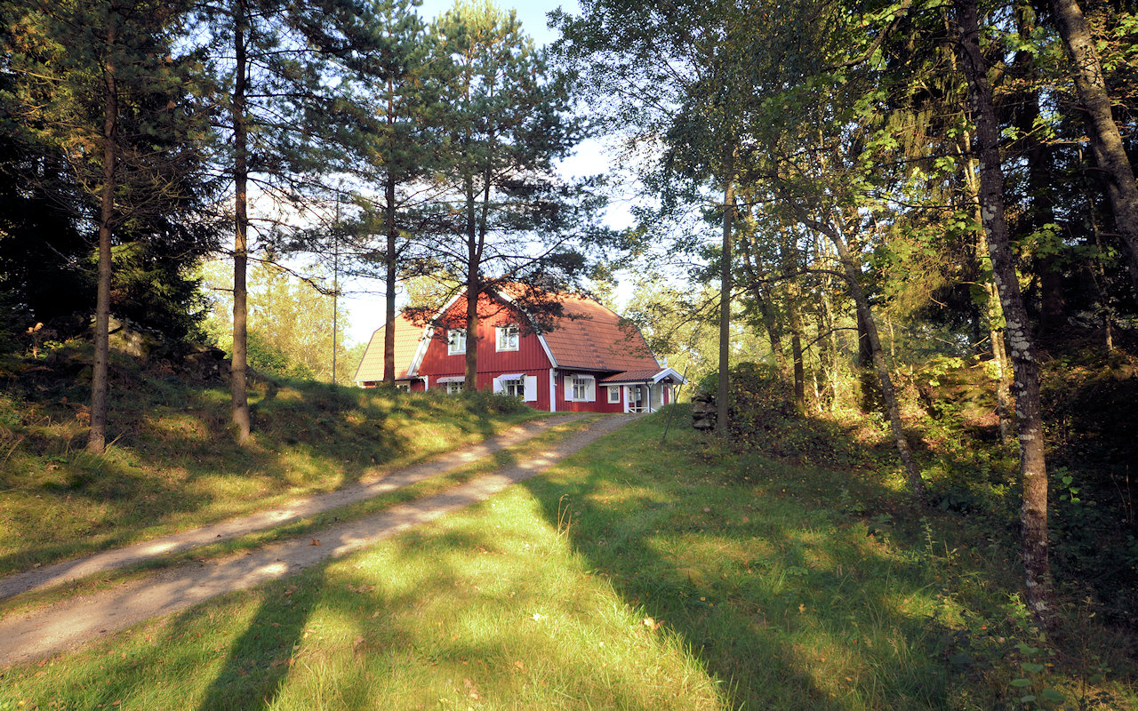 Die Landvilla "Ulvvad" liegt auf einer Anhöhe, wie auf einer hellen Insel im Wald - lichtdurchflutet. Im Bild die Hauszufahrt Galeriebild Glückstag für Auswandererfamilien! In der geschätzten Westküstenprovinz Halland wartet das Traumanwesen "Ulvvad" auf Sie!